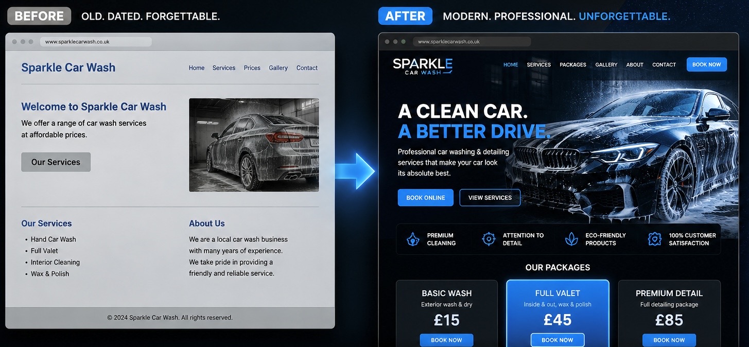 Before and after website transformation - showing a dated grey website transformed into a modern, professional dark blue themed website